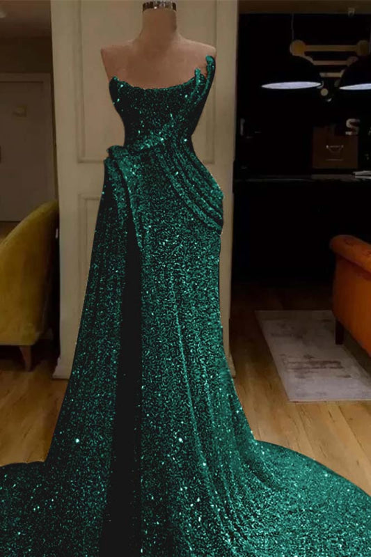 Glitter Sequin Strapless Mermaid Long Prom Dress with Split
