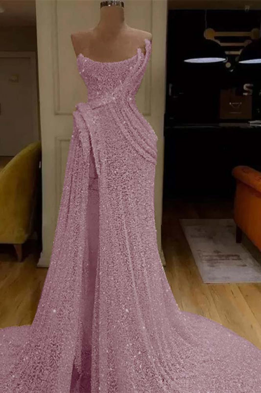 Glitter Sequin Strapless Mermaid Long Prom Dress with Split