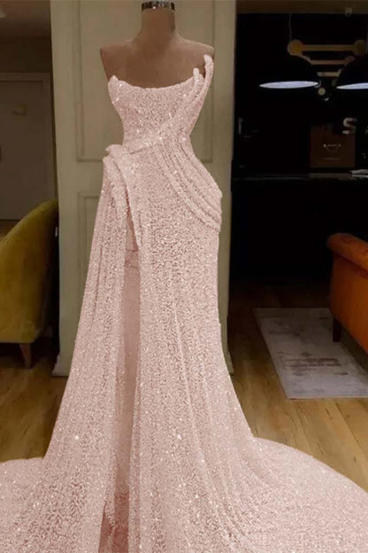 Glitter Sequin Strapless Mermaid Long Prom Dress with Split