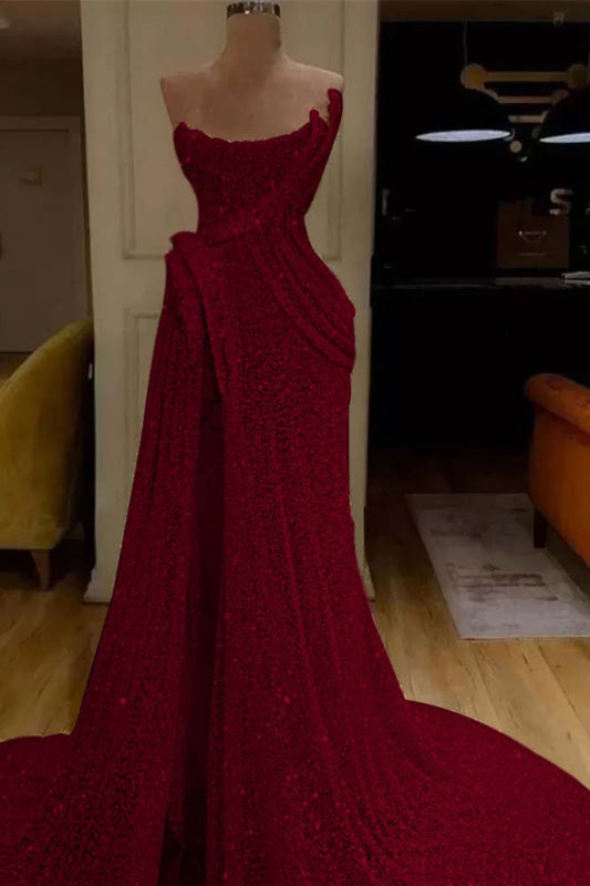 Glitter Sequin Strapless Mermaid Long Prom Dress with Split