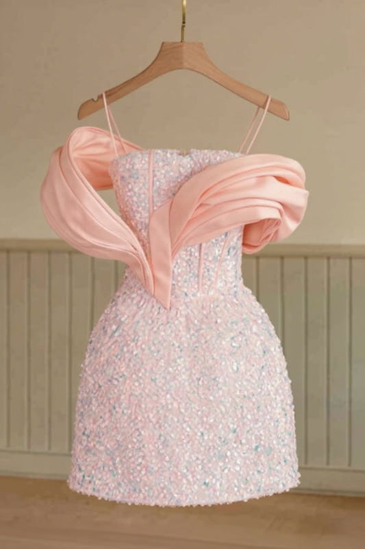 Glitter Sequins Pink Short Party Dress Spaghetti Straps Mini Homecoming Dress with Bow