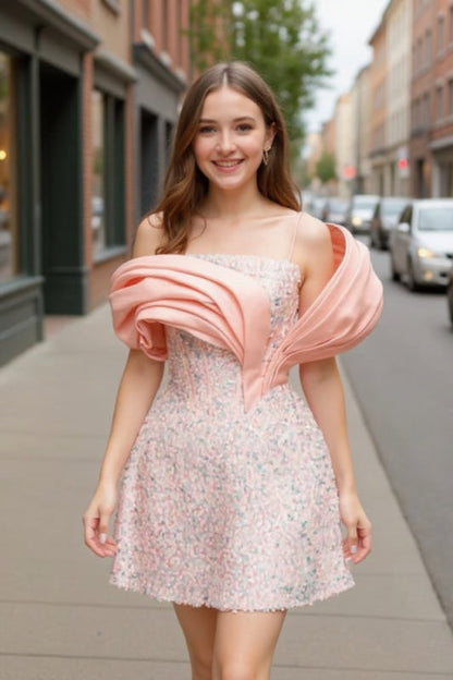 Glitter Sequins Pink Short Party Dress Spaghetti Straps Mini Homecoming Dress with Bow