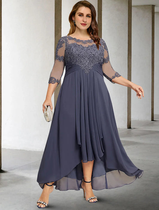 Aimishang A-Line Mother of the Bride Dresses Plus Size Hide Belly Curve Elegant Fall Wedding Guest Dress Formal Asymmetrical 3/4 Length Sleeve Jewel Neck Chiffon with Pleats Ruched Appliques
