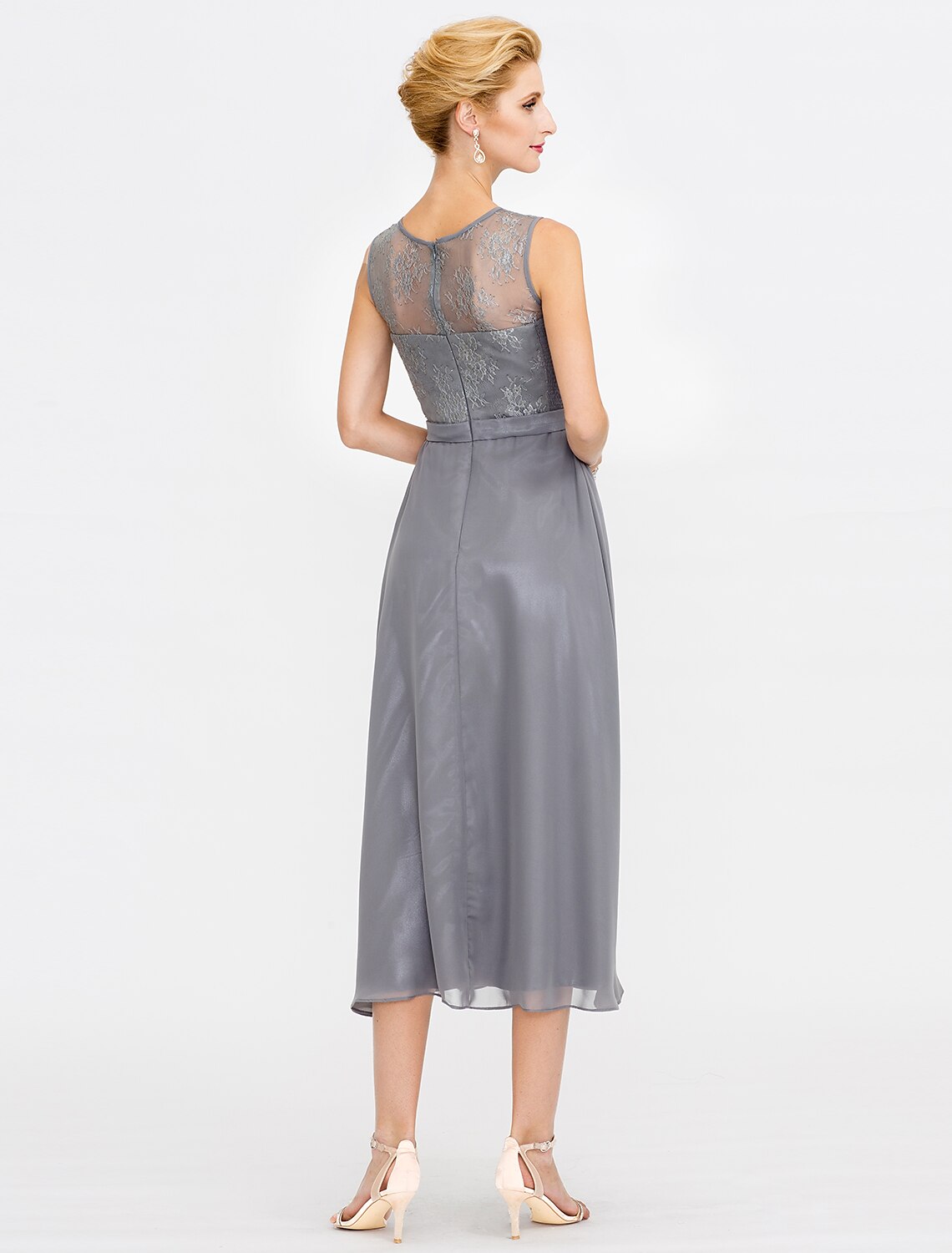 Aimishang A-Line Mother of the Bride Dress Fall Wedding Guest Dresses Plus Size Elegant Illusion Neck Tea Length Chiffon Corded Lace Sleeveless Wrap Included with Lace Pleats
