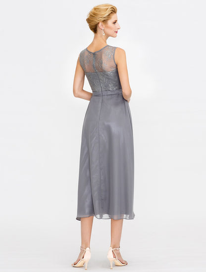 Aimishang A-Line Mother of the Bride Dress Fall Wedding Guest Dresses Plus Size Elegant Illusion Neck Tea Length Chiffon Corded Lace Sleeveless Wrap Included with Lace Pleats