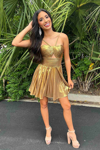 Halter Champagne Metallic Keyhole Pleated A-Line Cocktail Dress