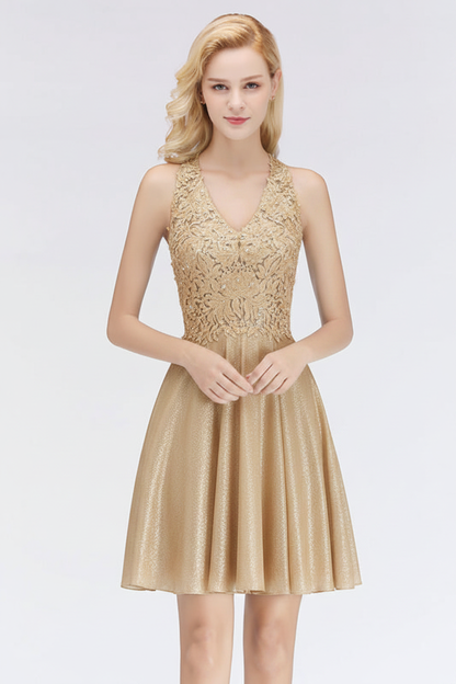 V-Neck Knee Length Floral Lace Birdesmaid Dresses
