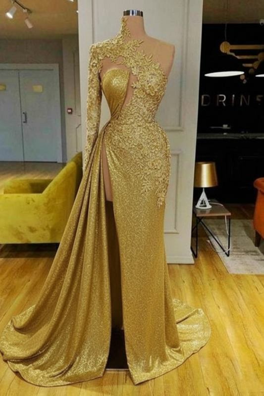 White Mermaid Evening Dress Front Split with Long Sleeves