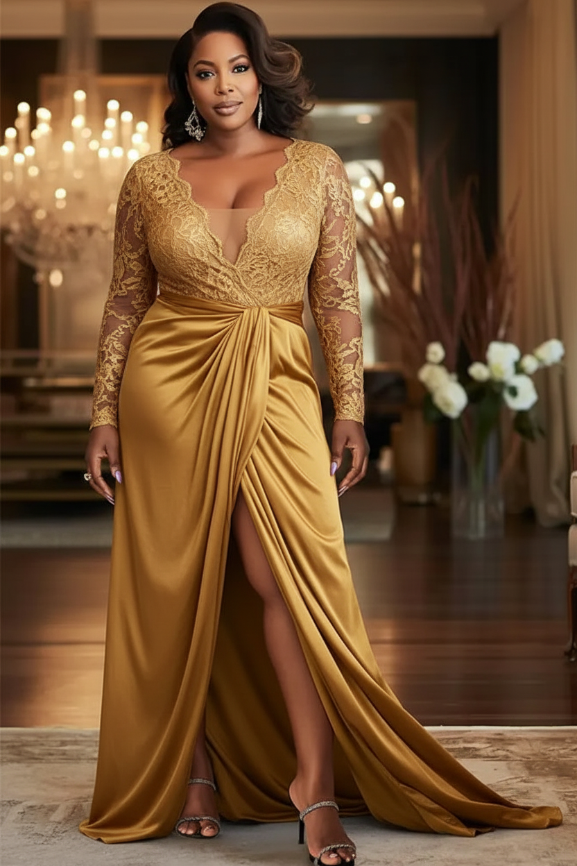 V-Neck Black Mother of the Bride Dress Long Sleeves lace Front Slit Wedding Guest Dress