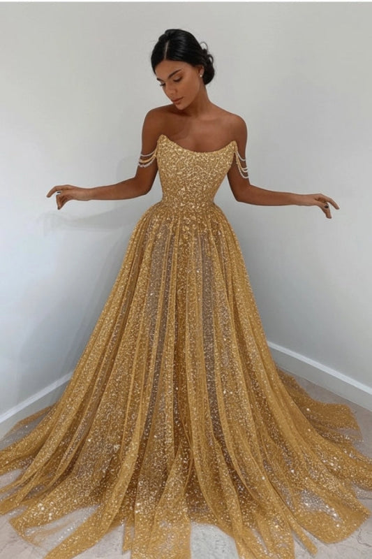 Sparkly Sky Blue Off-the-Shoulder Prom Dress Long with Sequins
