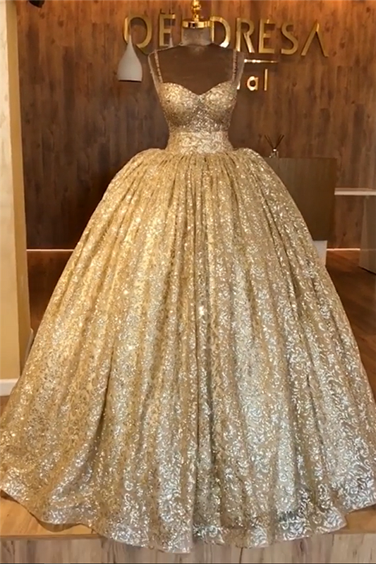 Gold Sequins Spaghetti Straps Lace Up Beadings Ball Gown for Party