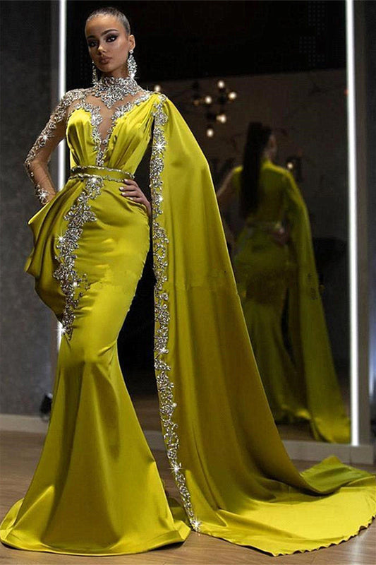 Gold Yellow High Neck Ruffles Long Sleeves Prom Dress with Crystal