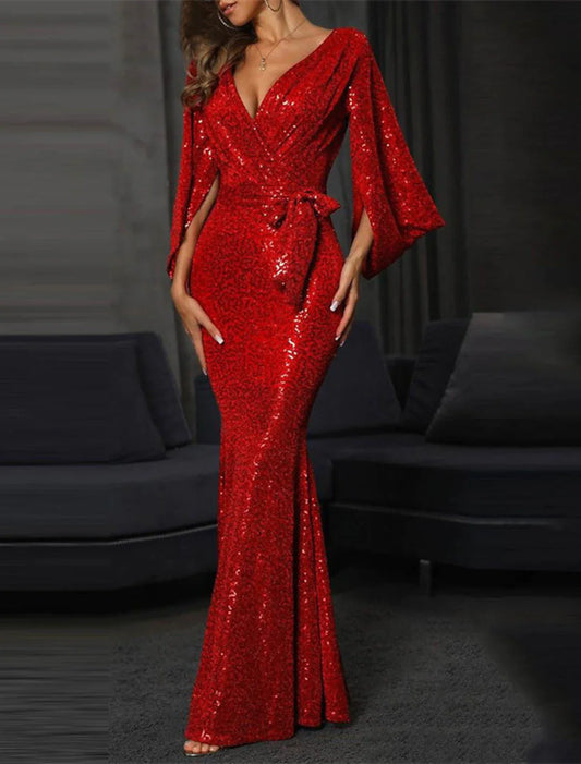 Women's Cocktail Party Dress New Year's Eve Dress Homecoming Dress Wedding Guest Dress Sequin Dress Long Dress Maxi Dress Red Long Sleeve Lace up