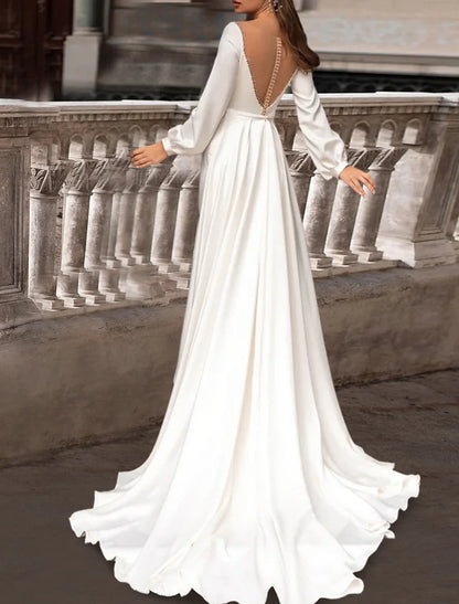 Aimishang Reception Formal Wedding Dresses Two Piece Illusion Neck Scoop Neck Long Sleeve Sweep / Brush Train Satin Bridal Gowns With Solid Color