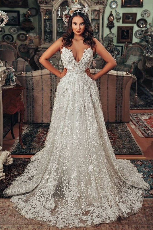 Gorgeous A-Line V-Neck Wedding Dress with 3D Floral Lace