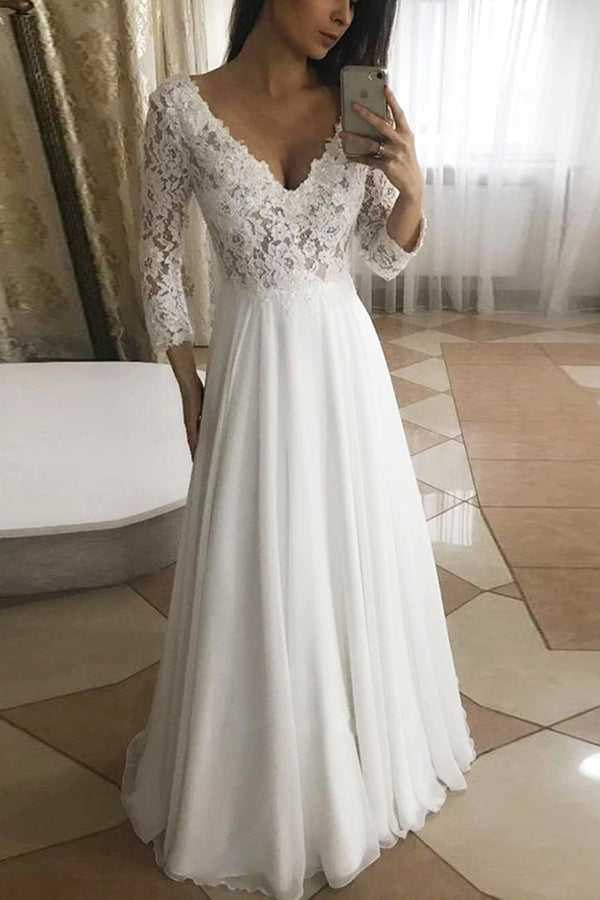 Gorgeous Appliques Long Sleeve V-Neck Wedding Dress With Lace