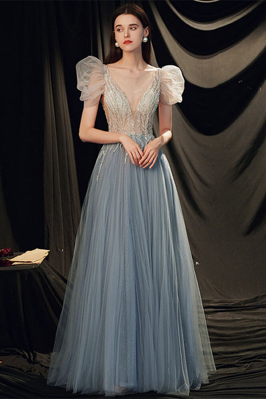 Gorgeous Beaded V-Neck Prom Dress with Bubble Sleeves