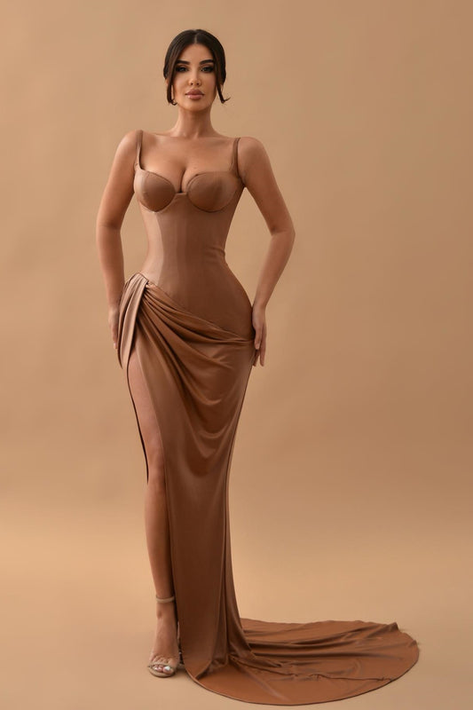 Gorgeous Brown Mermaid Prom Dress with Split Long Sleeveless