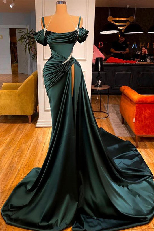 Gorgeous Dark Green Strap Side Slit Ruffles Prom Dress with Crystal