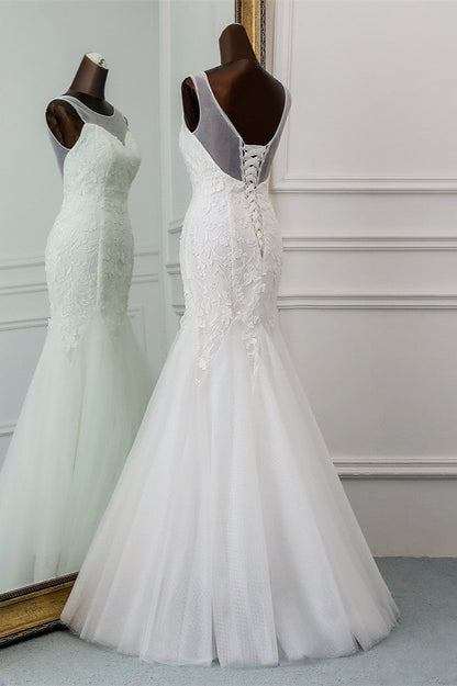 Gorgeous Jewel Backless Long Mermaid Wedding Dress With Lace