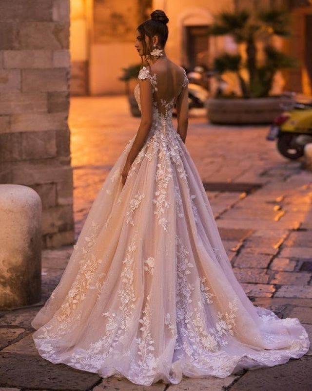 Gorgeous lace wedding dresses A line Sleeveless Tulle Bridal Dress Floor Length
