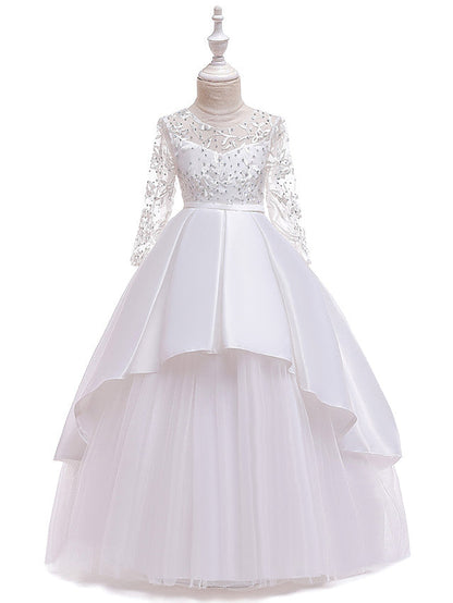 Gorgeous Long Sleeve Jewel Neck Flower Girl Dress with Tulle Satin Crystals and Lace Belt