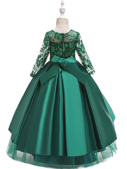 Gorgeous Long Sleeve Jewel Neck Flower Girl Dress with Tulle Satin Crystals and Lace Belt