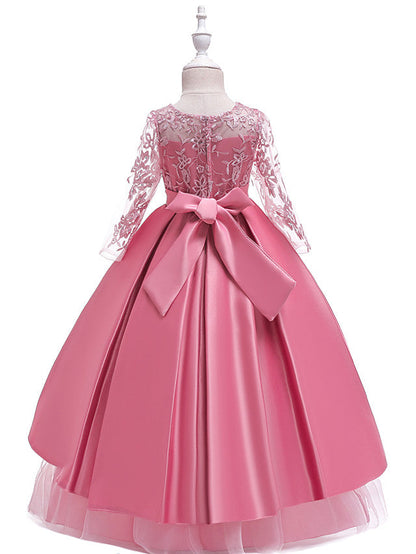 Gorgeous Long Sleeve Jewel Neck Flower Girl Dress with Tulle Satin Crystals and Lace Belt