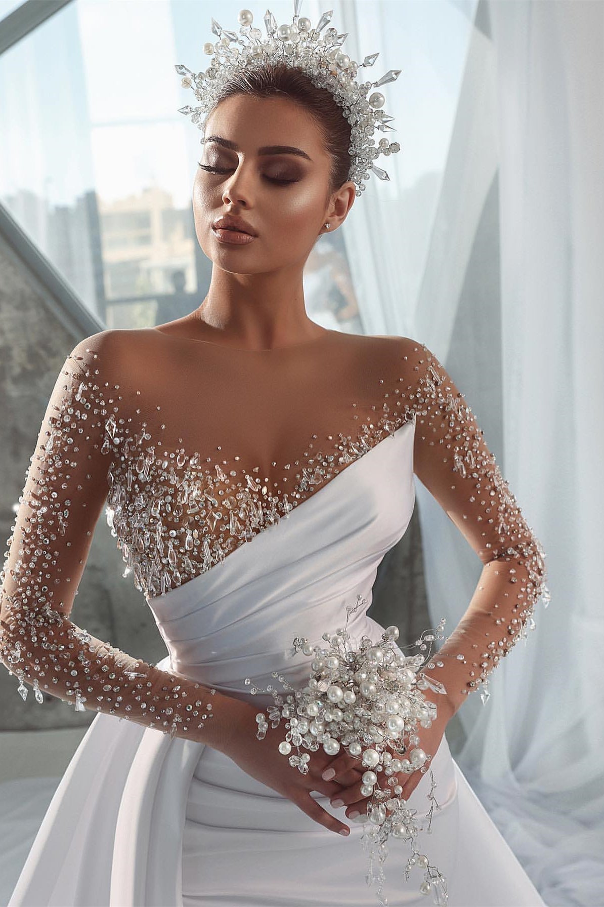 Gorgeous Long Sleeves Mermaid Wedding Dress with Beadings Overskirt