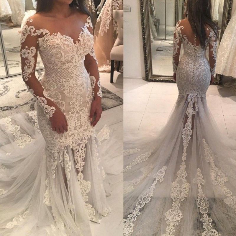 Gorgeous Long Sleeves Mermaid Wedding Dress with Tulle Lace and Appliques