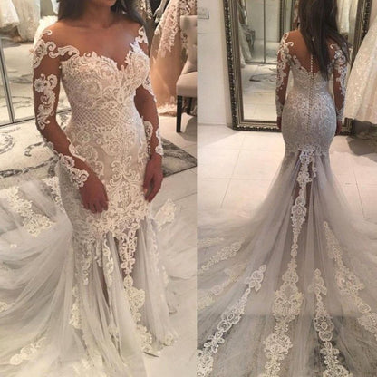 Gorgeous Long Sleeves Mermaid Wedding Dress with Tulle Lace and Appliques