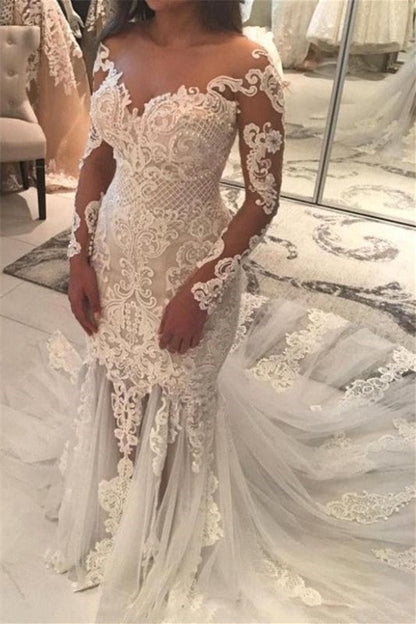 Gorgeous Long Sleeves Mermaid Wedding Dress with Tulle Lace and Appliques
