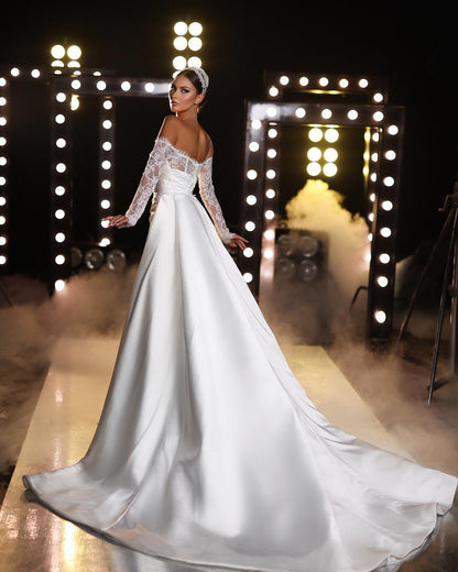 Gorgeous Long Sleeves Off-the-Shoulder Lace Mermaid Wedding Dress with Overskirt