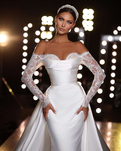 Gorgeous Long Sleeves Off-the-Shoulder Lace Mermaid Wedding Dress with Overskirt