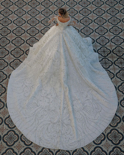 Gorgeous Modest Long Ball Gown Wedding Dress with Off-the-Shoulder Backless Crystal Embellished with Sequins