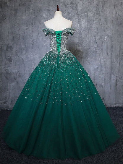 Gorgeous Off Shoulder Beaded Green Tulle Prom Dresses Glitter Ball Gown