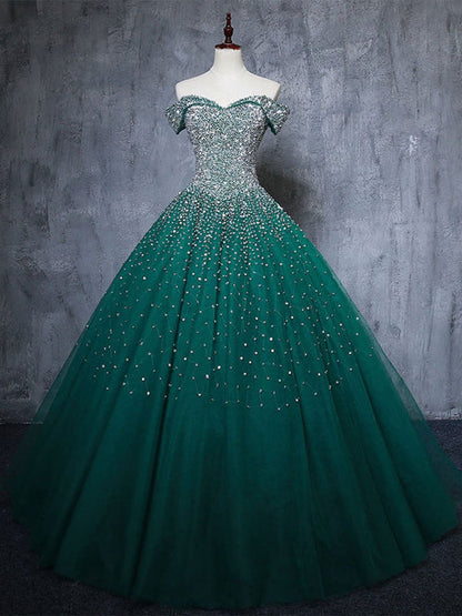 Gorgeous Off Shoulder Beaded Green Tulle Prom Dresses Glitter Ball Gown