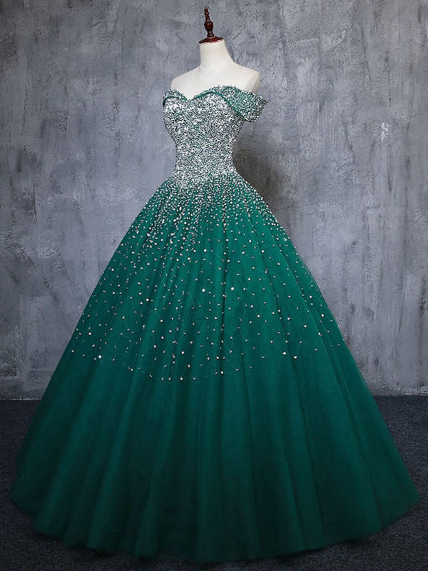 Gorgeous Off Shoulder Beaded Green Tulle Prom Dresses Glitter Ball Gown