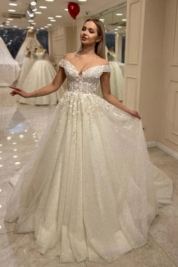 Gorgeous Off Shoulder Tulle Wedding Dress Aline Lace Bridal Dress with Sequins