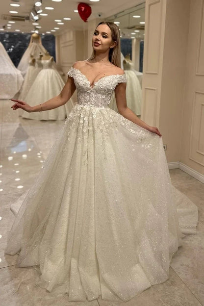 Gorgeous Off Shoulder Tulle Wedding Dress Aline Lace Bridal Dress with Sequins