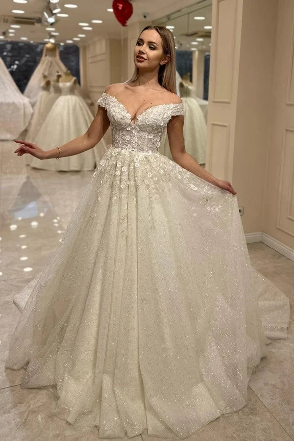 Gorgeous Off Shoulder Tulle Wedding Dress Aline Lace Bridal Dress with Sequins