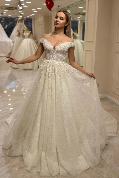 Gorgeous Off Shoulder Tulle Wedding Dress Aline Lace Bridal Dress with Sequins