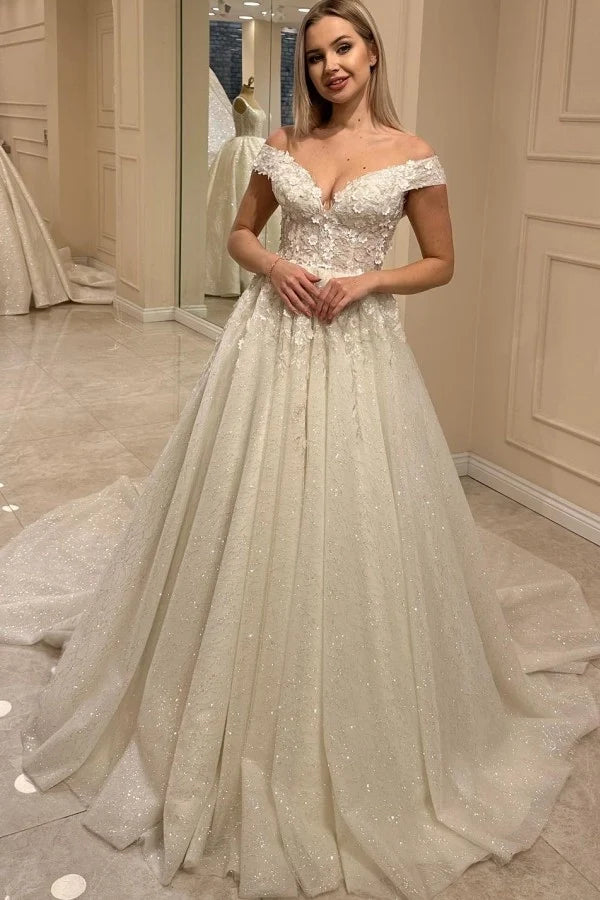 Gorgeous Off Shoulder Tulle Wedding Dress Aline Lace Bridal Dress with Sequins