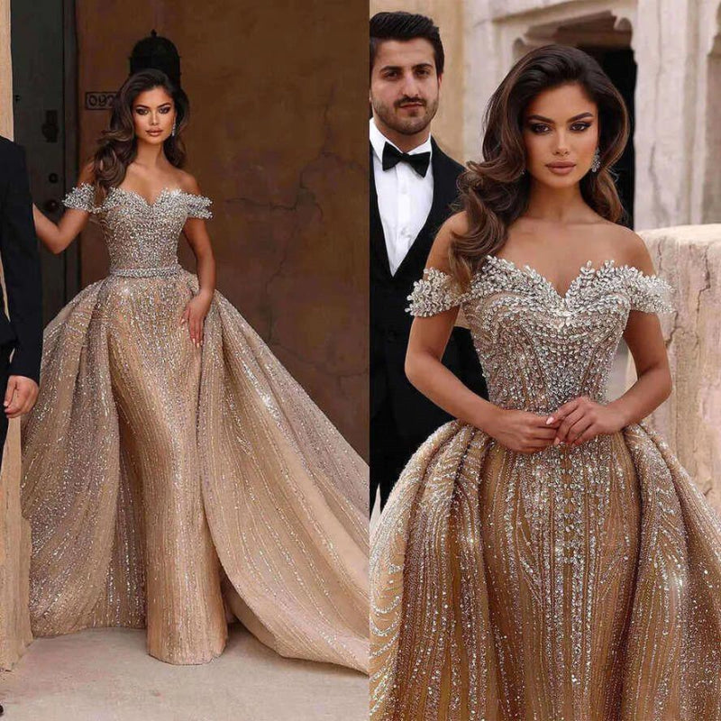 Gorgeous Off-the-Shoulder Crystal Mermaid Wedding Dresses with Sweep Train