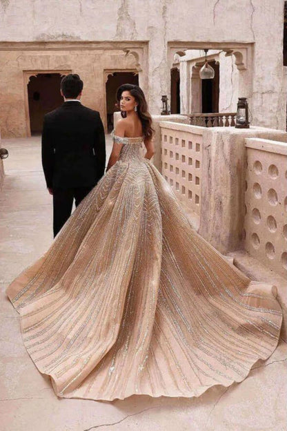 Gorgeous Off-the-Shoulder Crystal Mermaid Wedding Dresses with Sweep Train