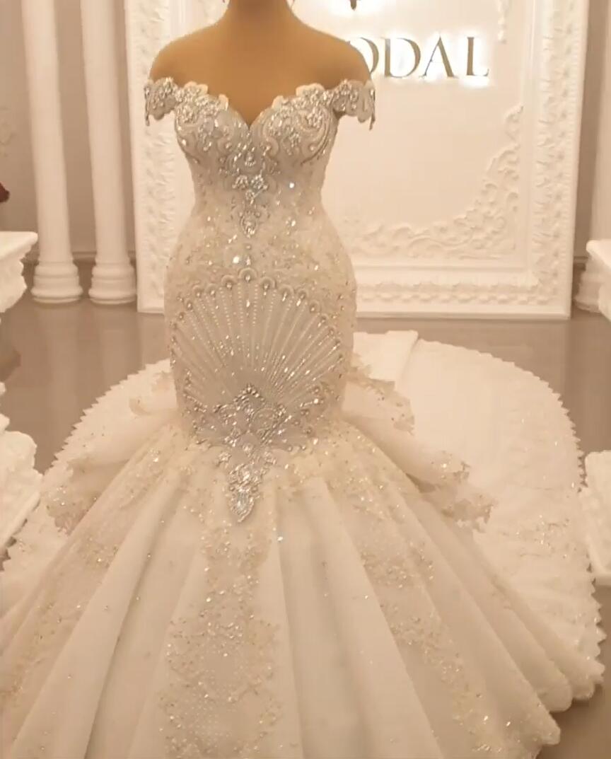 Gorgeous Off-The-Shoulder Mermaid Wedding Dress with Crystal