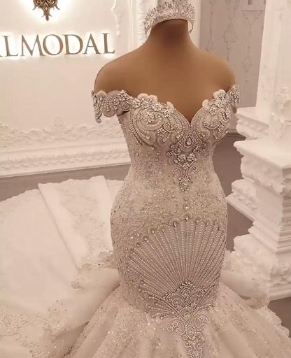 Gorgeous Off-The-Shoulder Mermaid Wedding Dress with Crystal