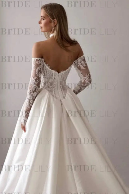 Gorgeous Off-the-Shoulder Satin Aline Wedding Dresses Front Split Long Sleeves Bridal Gown