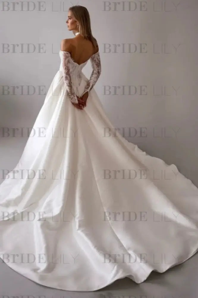 Gorgeous Off-the-Shoulder Satin Aline Wedding Dresses Front Split Long Sleeves Bridal Gown