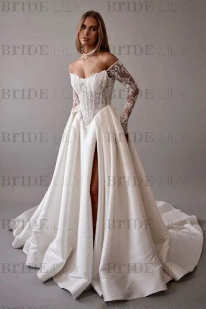Gorgeous Off-the-Shoulder Satin Aline Wedding Dresses Front Split Long Sleeves Bridal Gown